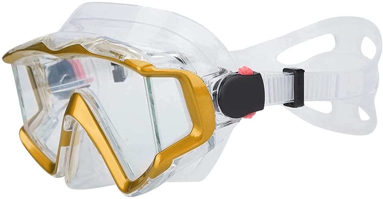 Vollgesichts-Schnorchel-Tauchmasken, Schwimmbrille, Schnorcheln, Tauchen, Schnorchelmaske, Weitsicht, Silikagel, gehärtete Linse, Taucherbrille, Brille für Erwachsene (Gold)