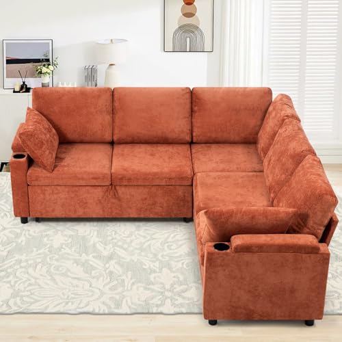 Image of 85 inch Chenille Sectional Sofa w /Pull Out Bed & Storage Space, Orange | Upholstery L Shaped Couch w /Cup Holders, Modern Corner Sofa w /USB Charging Port & Throw Pillow for Living Room