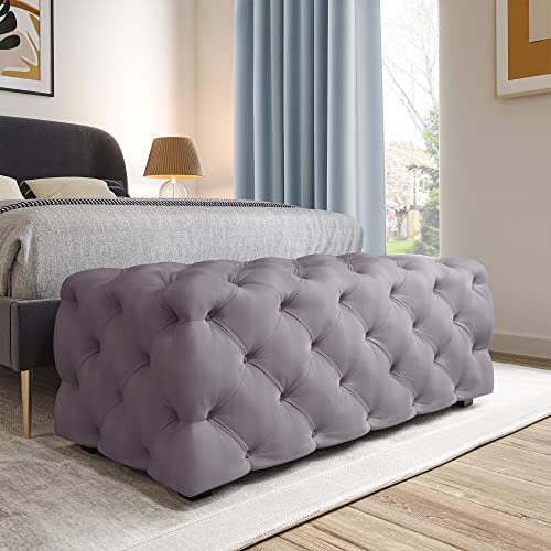 Image of BELLEZE Modern 46 Inch Rectangular Velvet Ottoman, Tufted Bench for Living Room, Bedroom or Entryway Seating, Vintage Style Upholstered Footrest - Zayne (Gray)