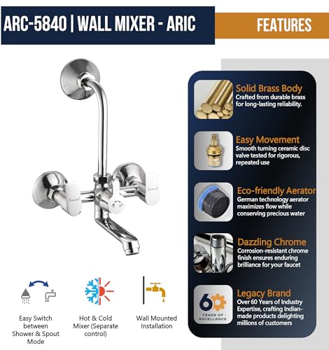 Image of KAMAL Wall Mixer - Arch Eco | Mirror Finish | Sturdy Brass Build | Hot and Cold Shower Mixer | 165mm Long Bend Pipe | Easy to Use Click Fitting Mixer Faucet | Wall Mounted