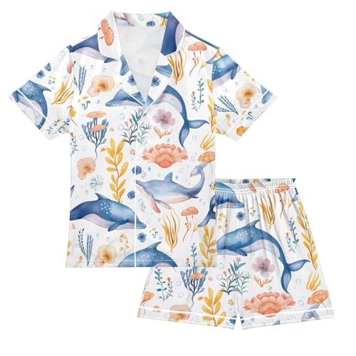 ALAZA Dolphin Flower Leaves Pajamas Satin Pajama Set Short Sleeve Button Down Sleepwear
