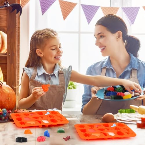 Image of 2 Pack Halloween Silicone Molds, Halloween Chocolate Molds, 3D Spider Skull Pumpkin Bat Mold for DIY Gummies Jello Ice Cube Jelly Chocolate Candy Cakes Decorations (Orange)