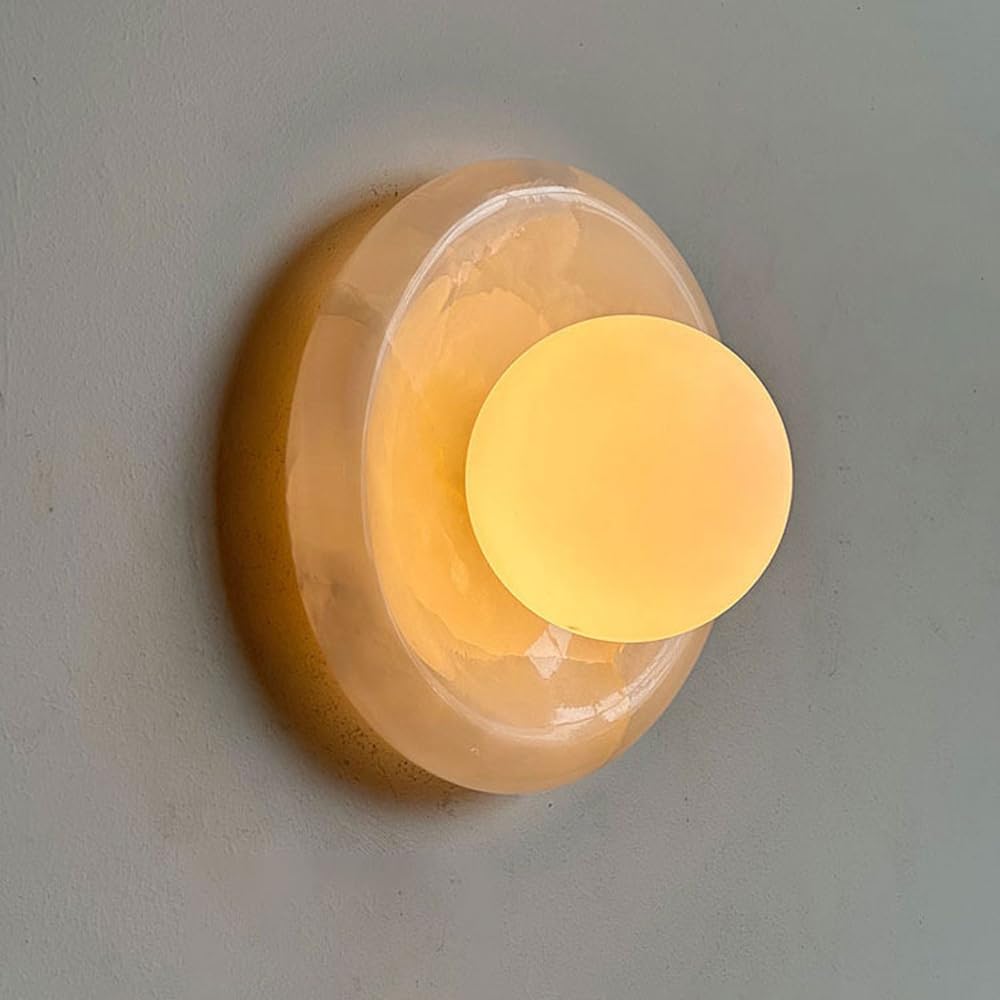 HAIDU 7.8in Round Alabaster Wall Lamp, G9 Screw Marble Wall Sconce, Nordic Minimalist Style Wall Light, Bedroom Balcony Entryway Decorative Lighting Fixtures