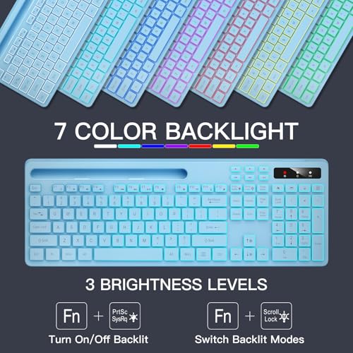 Image of Soueto Wireless Keyboard with 7-Color RGB Backlit, Full-Size Computer Keyboard with Phone Tablet Holder, 2.4G Rechargeable Gaming Keyboard with Light Up Keys, Compatible with Mac, Windows (Sky Blue)