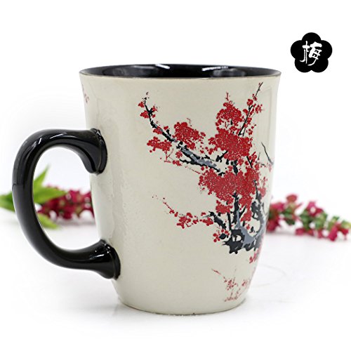 Asmwo Color Changing Heat Sensitive Magic Funny Art Mug Large Coffee Tea Plum Blossom Porcelain Mugs for Women Mom Grandma Gifts 16oz Black Change Glow Red Cups - Thumbnail 2
