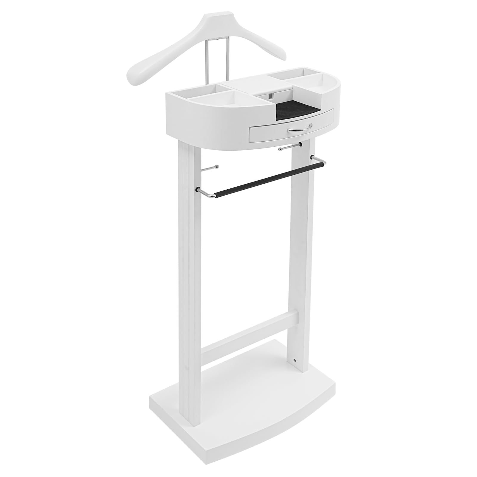 Ongniong Suit Valet Stand for Men and Women, Wood Suit Stands Butler Clothing Rack, Floor Standing Clothes Valet with Drawer, Top Tray, Contour Hanger, Trouser Bar, Belt Hooks & Shoe Rack (White)