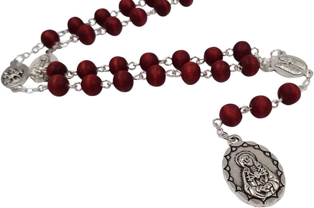 TALISMAN4U Seven Sorrows of Mary Rosary Chaplet Red Rose Scented Wooden Beads Catholic Jewelry Necklace for Women Men with Rosary Box