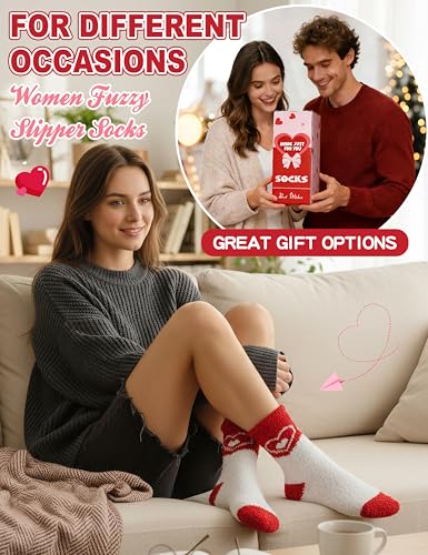 Image of Womens Fuzzy Socks Warm Fluffy Cozy Winter Slipper Thick Fleece Heart Socks 5 Pairs