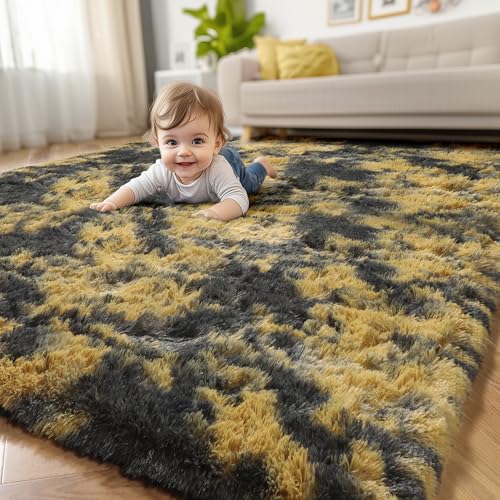 Amdrebio Black Gold Yellow Grey Rugs for Bedroom Living Room Decor, Fluffy Furry Fuzzy Shaggy Area Rug 4x6 for Kids Room Dorm Home Office, Modern Cool Leopard Cheetah Shag Carpet for Teen Boys Men