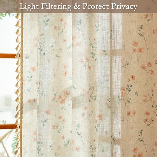 Image of MYSKY HOME Pink Floral Linen Semi Sheer Farmhouse Curtains 96 Inches Long 2 Panels Set for Living Room Patterned Boho Flower Drapes Girls Bedroom with Tassels Back Tab Window Treatments, 50 inch Wide