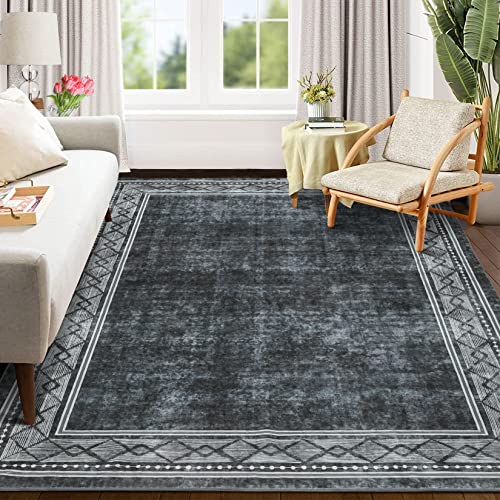 Royhome Washable Area Rug For Living Room Contemporary Bordered Floorcover Indoor Carpet Contemporary Geometric Bordered Accent Area Rugs For Bedroom, Home Office, Grey, 5 X 7 Feet #TOP1