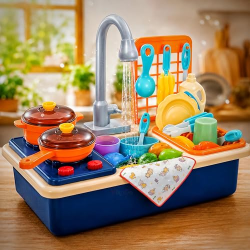 Image of Vikrida Kitchen Sink Toys Water Playset with Running Water House Wash Up Kitchen Sets with Play Dishes Accessories for Toddlers - Blue