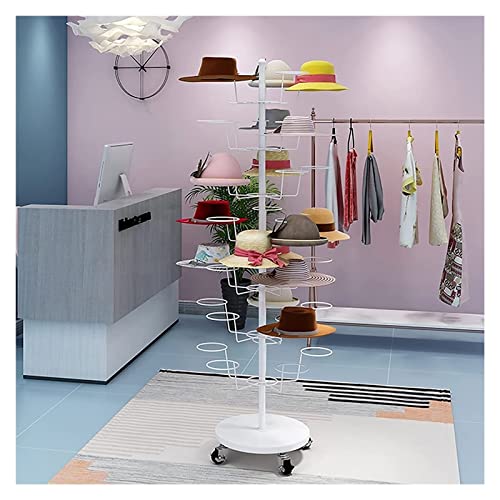 XDAWQP Estante Organizador de Gran Capacidad para Sombreros con Ruedas, Moderno Expositor de Hierro para Pelucas, Sombreros y Cascos, 7 Niveles y 35 Ganchos.，White 7Tier