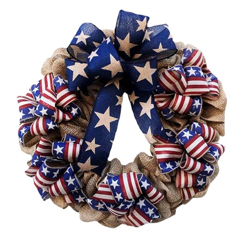 4th of July Wreath for Front Door,Patriotic American Flag Burlap Wreaths Farmhouse Summer for Memorial Independence Day, Red White and Blue Hanging Ornament Wreath Home Decoration (E-30cm)