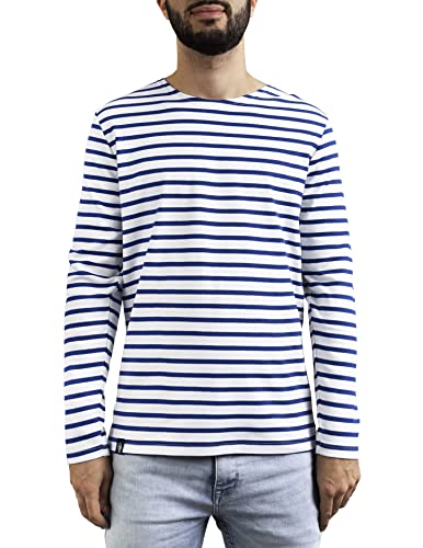 Breizh Ocean GUER - Marinière Coton Bio pour Homme ou Femme, Mixte - XS au 4XL (Blanc/Azur, L) Cover