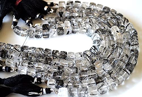 Cube facetté quartz rutilé noir naturel rare 6-8mm pour création de bijoux fil 20cm