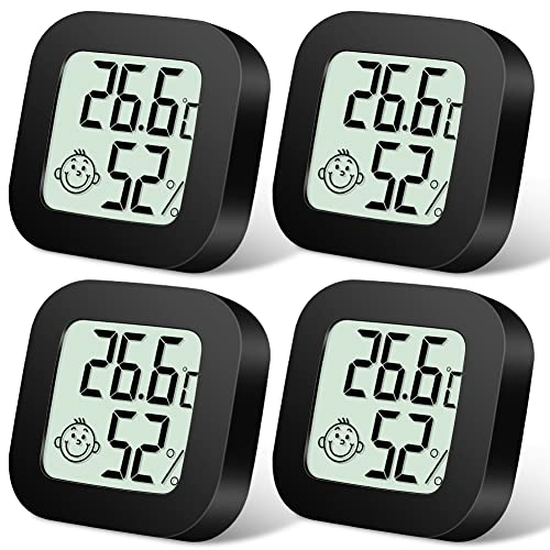Flintronic Higrometro Digital Termometro, 4Pieza Mini Termómetro interior del higrómetro, Pantalla LED con Logo de Confort para Termometro Ambiental para Oficina Habitación de Bebé Jardín (Negro)