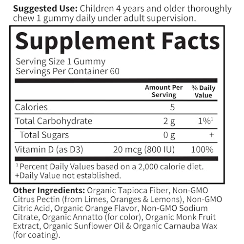 Image of Garden of Life Kids Organic Vitamin D3 Gummies with 800 IU (100% Daily Value) for Strong Bones,Teeth,Brain & Immunity - Non-GMO,No Gluten,Vegetarian,Sugar Free,Orange Flavor,60 Count(Pack of 2)