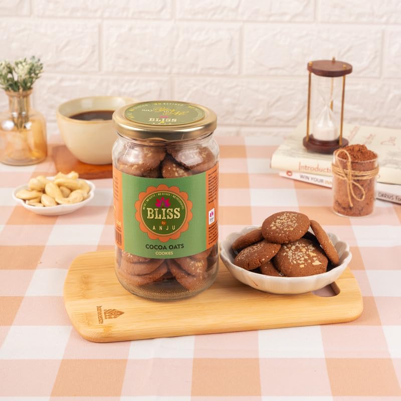 Image of Bliss by Anju Cocoa Oats Cookies 350g | 26.2g Protein per Pack | Made with Oats, Cocoa, Dates & Desi Khand | No Oil, No Dairy, No Preservatives