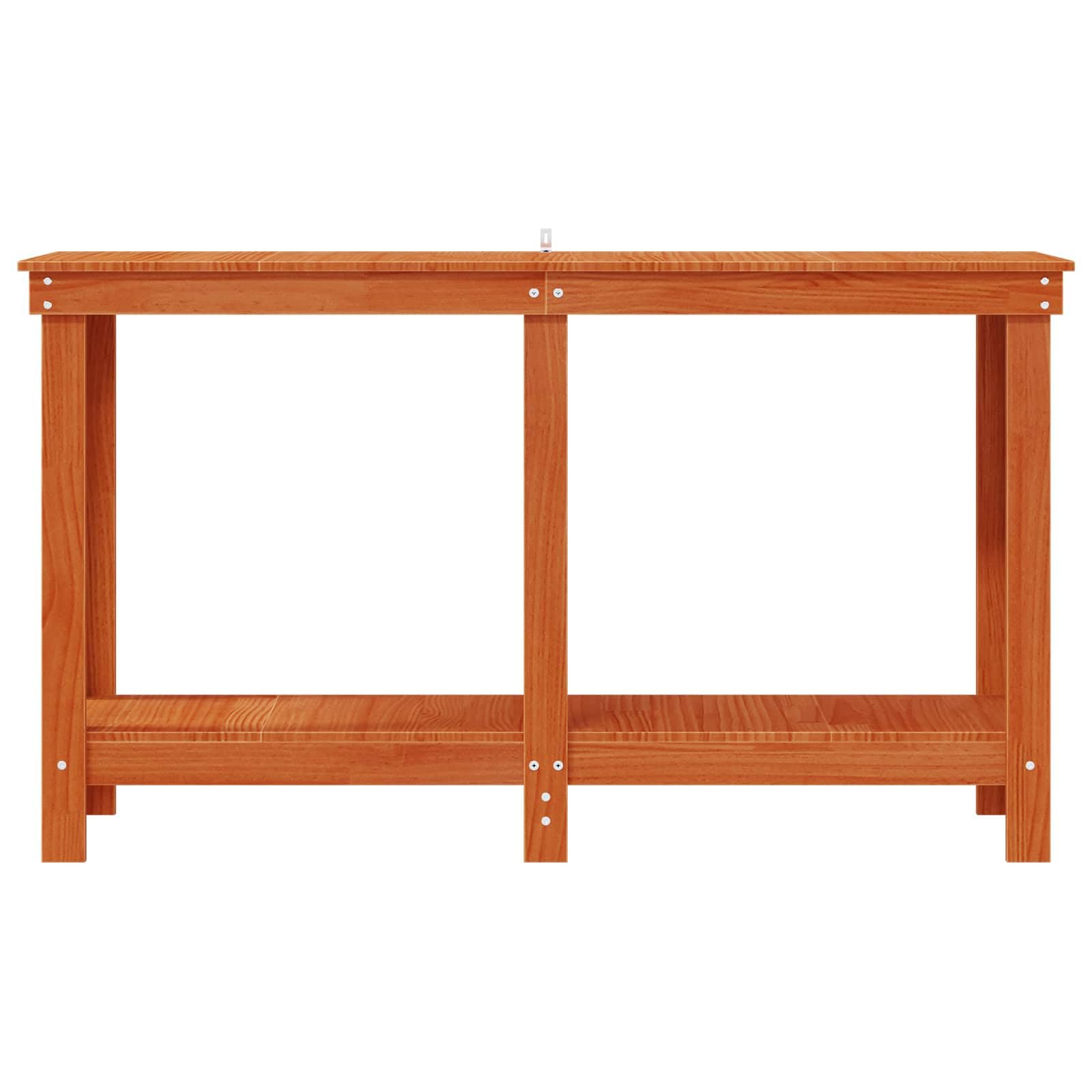 Banco da lavoro marrone cerato, 140 x 50 x 80 cm, in legno di pino massiccio con ripiani, tavolo da lavoro moderno per cucina o garage, facile da montare e superficie facile da pulire