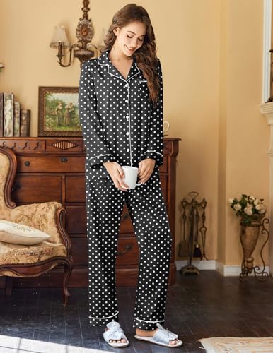 Image of Ekouaer Womens Satin Pajama Set Classic Pattern Silky Pj Sets Button Down Sleepwear Loungewear