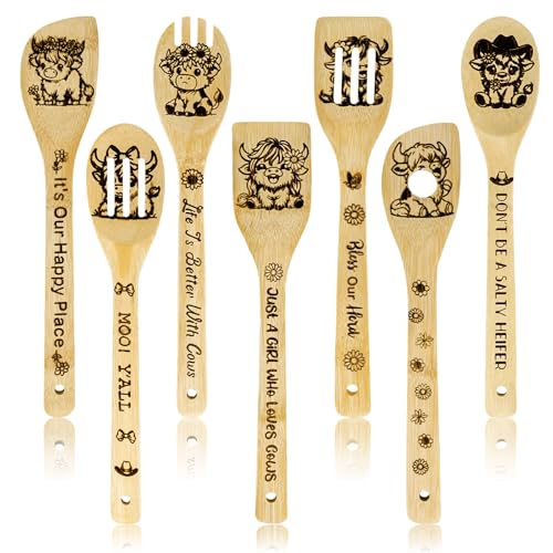 Whaline 7Pcs Summer Sunflower Highland Cow Wooden Spoons Set Cute Sunflower Cartoon Cow Wooden Spoons Natural Burned Cooking Utensil Spoon for Home Kitchen Decoration Supplies