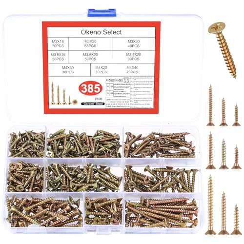Okeno Select 385 Stück Holzschrauben Set M3 M3.5 M4 Selbstschneidende Schrauben Senkkopfschrauben Spanplattenschrauben Sortiment Phillips Flachkopfschrauben für Holz und DIY Projekt Schraubenset
