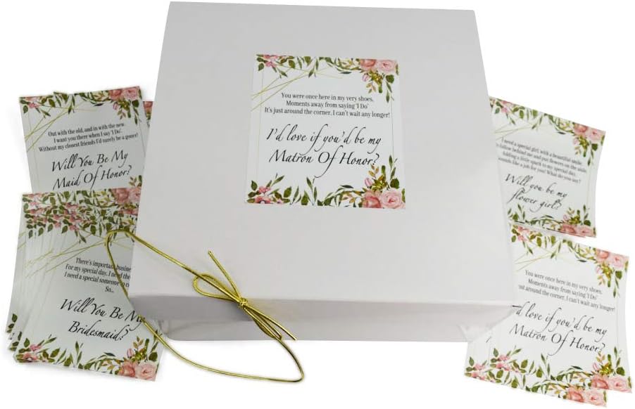 Will You Be My Bridesmaids Gift Boxes 8x8x3.5 (Set Of 10 Empty Boxes) with 16 Poem Proposal labels For 10 Bridesmaids, 2 Maid of honors, 2 marton of honors & 2 flower girls & gold string (White)