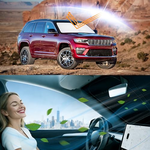 Image of Windshield Sun Shade for 2021-2026 Jeep Grand Cherokee L | Foldable, Full covered for windshield, Block UV Rays, Heat Reduction, Easy to install, Keeps Car Cooler