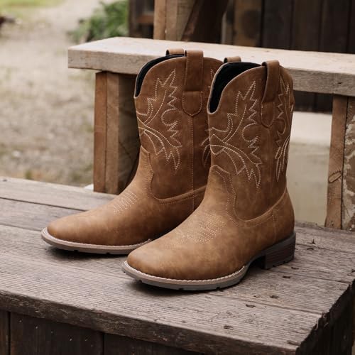 Image of Lumeheel Cowboy Boots for Men - Western Men's Boots with Classic Embroidered, Slip on Square Toe Boots, Slip Resistant Country Boots Chunky Heel Ankle, Durable Short Boots for Spring Fall