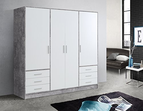 FORTE-Jupiter-Kleiderschrank-4-tuerig-6-Schubkaesten-Holzwerkstoff-Betonoptik-Lichtgrau-Weiss-2065-x-60-x-200-cm