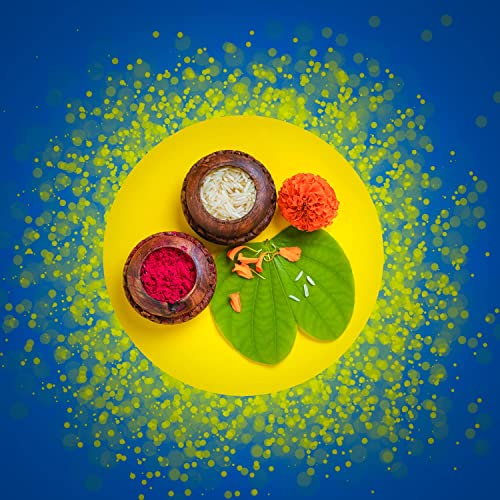 Image of DeoDap Round Shape Shri Krishna Thread Rakhi with Chocolate, Silver Pooja Coin, Tilak Set, Greeting Card - Rakhi Gift for Brother