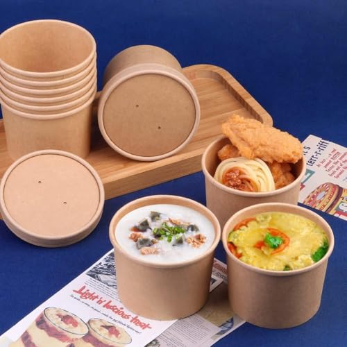 Image of 50 Pack 12 Oz Disposable Soup Bowls with Lids, Paper Soup Containers | Microwave Safe Soup Cups, Paper Ice Cream Cups for Ice Cream Dessert, Yogurt, To Go Soup Containers for Hot Soup