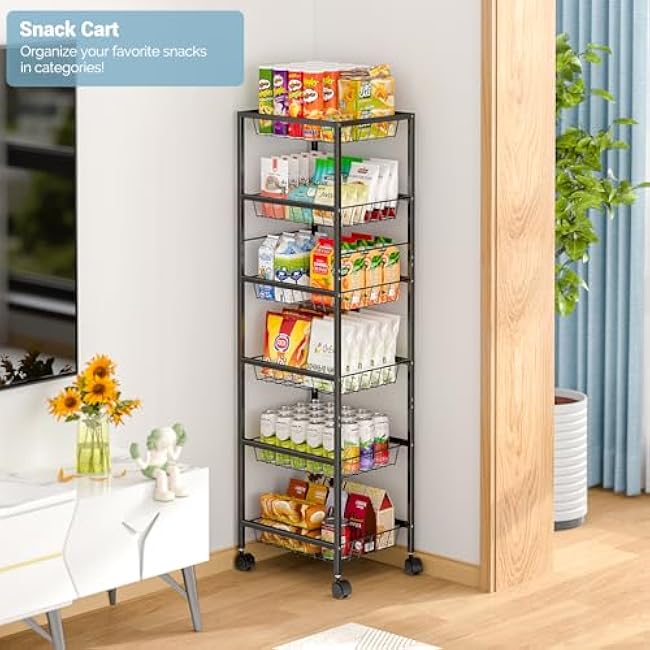 Fruit Vegetable Basket for Kitchen, 6 Tier Fruit and Vegetable Storage Cart, Metal Wire Storage Baskets with Wheels, Small Rolling Cart Organizer Rack for Pantry, Living Room, Bathroom-c1NPEhOk