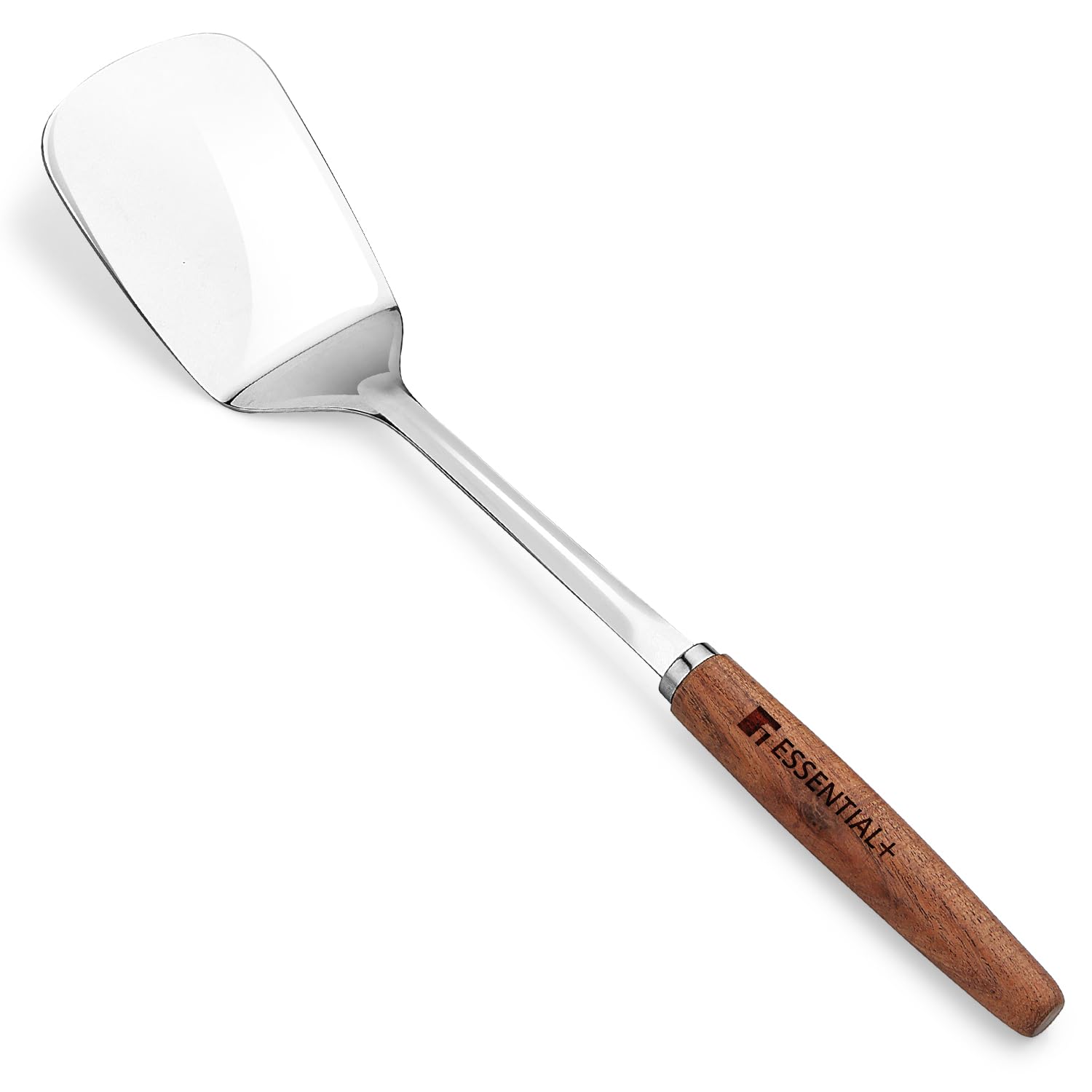essential plus stainless steel 34cm solid turner with wooden handle, plain cooking turner for dosa/roti/omlette/breads, kitchenware tool for home, restaurants, durable