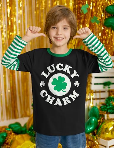 Image of Unisex Kid's St Patrick's Day Shamrock Top Striped Patchwork Irish Clover Long Sleeve Shirt 4-14 Years