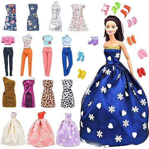 E-TING Lote 15 artículos = 5 Juegos de Moda Ropa Casual Desgaste/Equipo con 10 Zapatos par para muñeca de niña Estilo Aleatorio (Ropa + Vestido de Boda + Falda Corta)(muñeca no incluida)