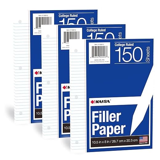 Kaisa Loose Leaf Paper Filler Paper 8x10.5 inches, College Ruled, 3-Hole Punched for 3-Ring Binder, 150 Sheets/Pack (3 Pack) F15001C