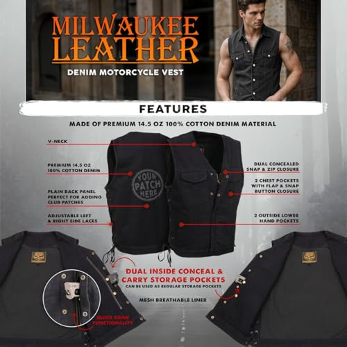 Milwaukee Leather MDM3013 Men's 'Brute' Concealed Snap Black Denim V-Neck Side Lace Club Style Vest w/Hidden Zipper2