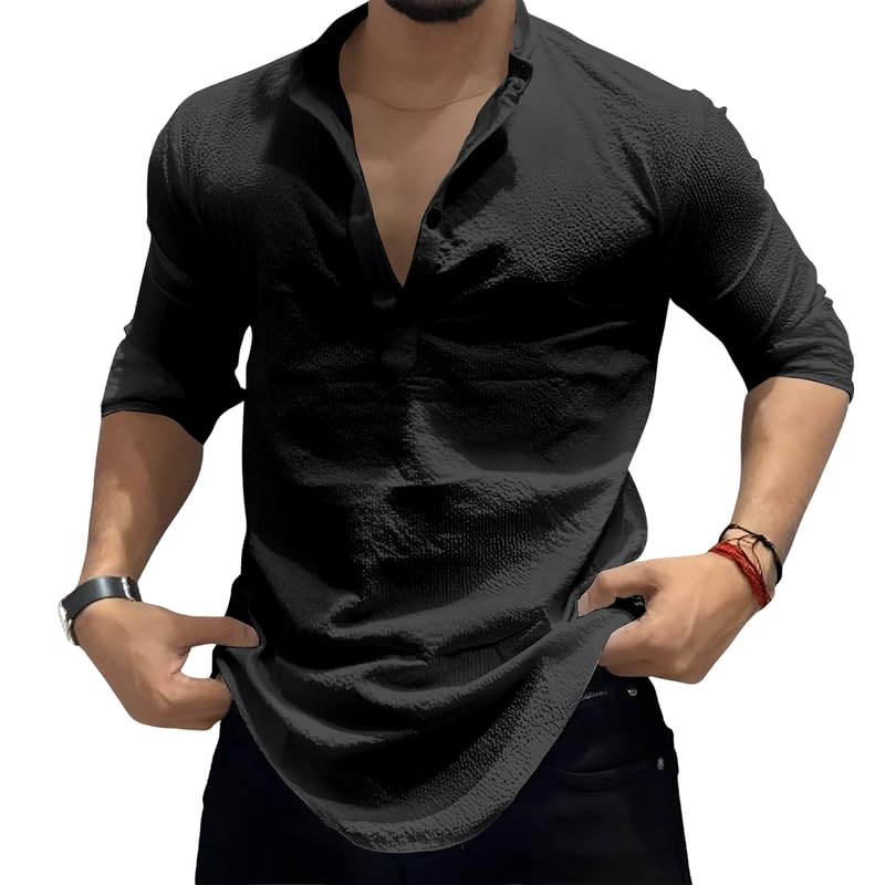 Image of MiraMichi Men's Cotton Blend Kurta | Kurta for Men Stylish Casual Short Kurta | Half Kurta Shirt Daily Use for Summer Season | Mandarin Collar Cotton Kurta's for Man Comfort