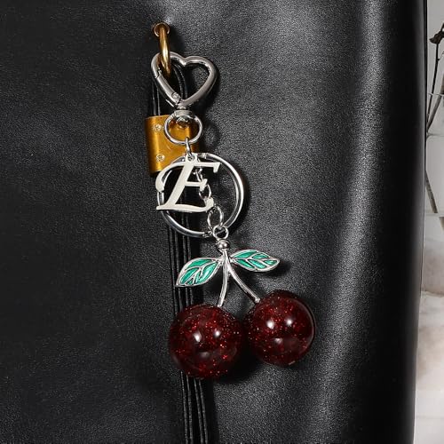 Heart-Shaped Keychain with Initial A-Z and Cherry Charm Bag Charms for Women,Car Accessories