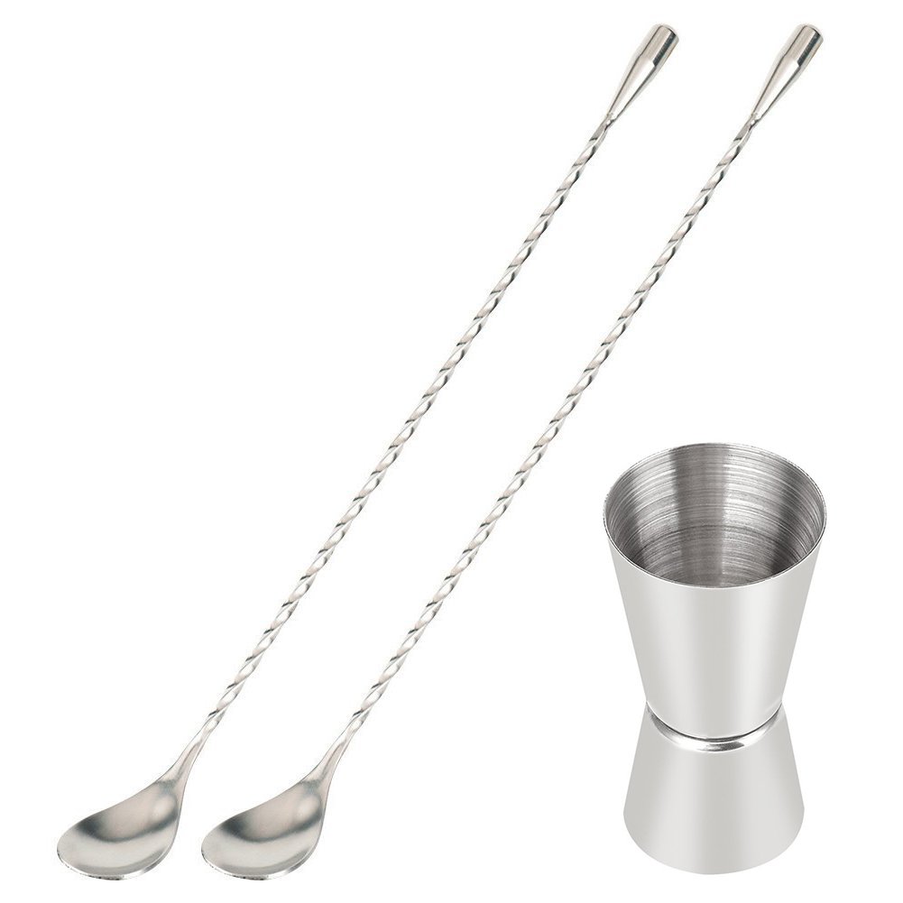 COOCANKE Bartender Stir Set of 12 inches Bar Long Stirring Mixing Swizzle Stick Spoons Stirrer and 15ml/30ml Dual Spirit Measure Cup for Party Wine Cocktail Drink Shaker Jigger Stainless Steel