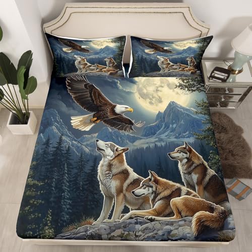 3D Wolves Fitted Sheet,Wild Eagle Bird Animals Bedding Set for Kids Teens Adults,Natural Trees Mountain Moon Jungle Style Bed Sheet with 2 Pillowcases(No Top Sheet),Queen Size 3 Pcs