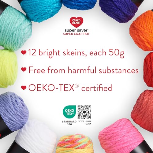 Image of Red Heart Super Saver Yarn Super Craft Kit Brights,with 50 Countg /1.7 oz. 4 Medium Worsted Yarn for Knitting & Crocheting,12 Colors,Perfect for Chunky Sweaters,Blankets,Amigurumi,50 Count (Pack of 10)