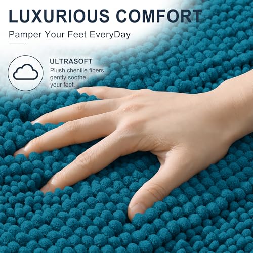 Image of Smiry Thick Chenille Bathroom Runner Rugs 44x24, Extra Absorbent Striped Bath Mat, Machine Washable, Rubber Backing, Long Bath Rugs for Tub & Shower, Modern Home Decor Accessories, Peacock Blue