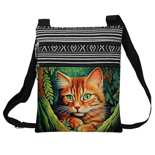 Ginger Cat Messenger Bag Small Ethnic Pattern Printed Adjustable Strap Crossbody Zipper Bag Ginger Cat Phone Bag Wallet Cute Shoulder Handbag for Women
