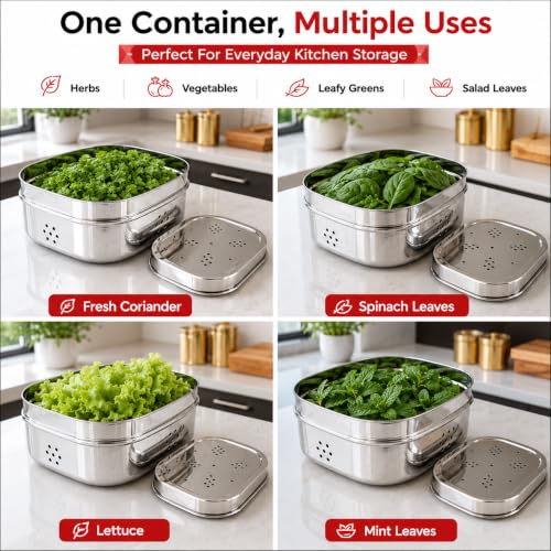 Image of Ajay's Shoppe Stainless Steel Dhaniya Storage Box with Lid (11.7 x 4.5 cm) | Ventilated Kothmir Dibbi, Herb Keeper & Fridge Organizer | Rust-Free