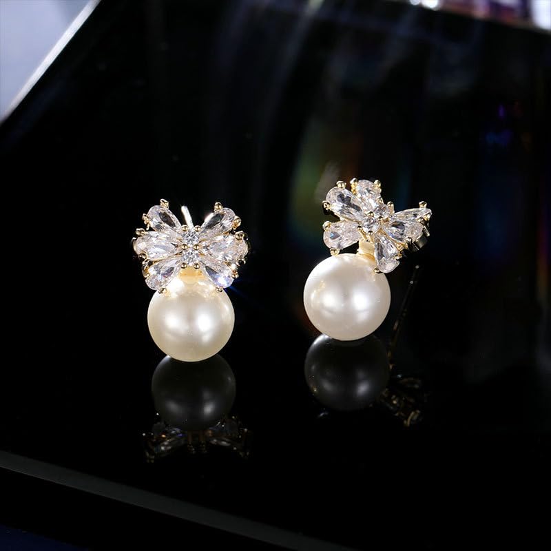 CFWSHJ 14K Gold Moissanit Schleife Perlen Ohrringe, dreidimensionale Schleife Ohrstecker für Frauen Party Night Out, süßer Modeschmuck für Valentinstag Date