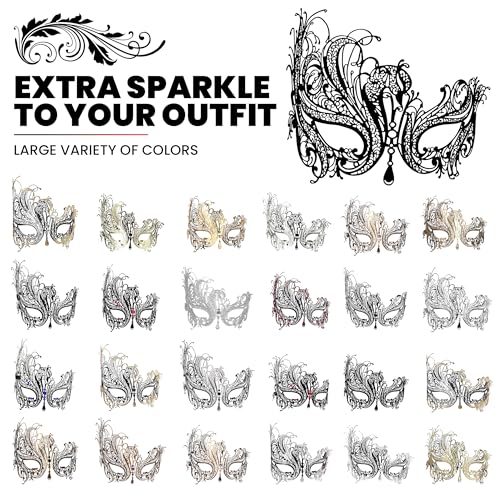 Image of Metal Filigree Masquerade Mask for Women - Swan Style Mask with Rhinestones for Mardi Gras, Prom, Halloween & Venetian Party
