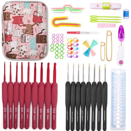 moem&an Agujas Crochet Ergonómicas Set Completo Profesional + Guia Descargable QR - 17 Agujas Crochet 1-6mm, Estuche Impermeable Ordenado y Accesorios para Principiantes y Expertos